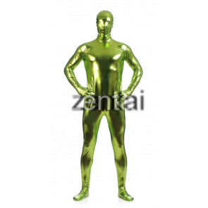 Man's Full Body Fluorescent Green Color Shiny Metallic Zentai